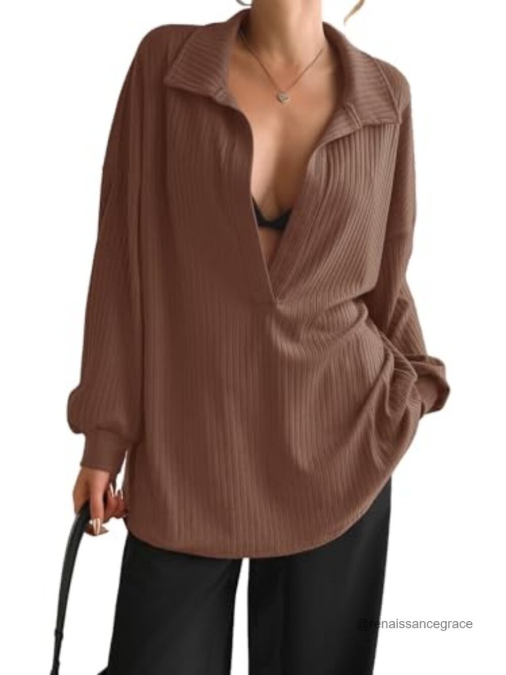 Oversized Deep V Neck Ribbed Knit Pullover Sweatshirt Long Sleeve Casual Top